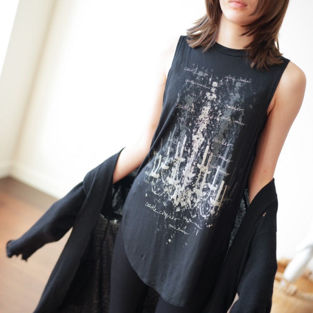 HAUTE HIPPIE Graphic Crewneck Tunic Tank, Black - Size XS